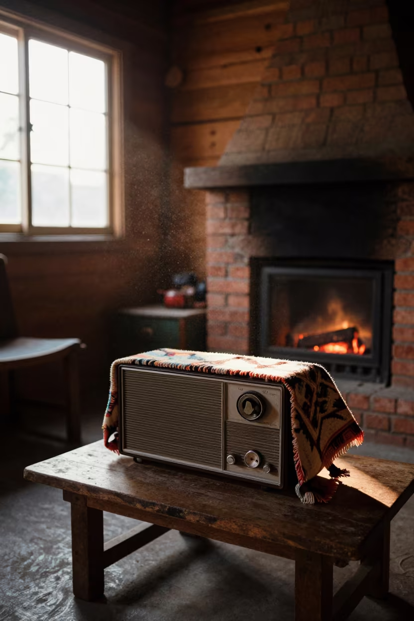 Radio Corner Wrapped in Blanket by Fireplace in by a crackling fireplace in Chinatown, Yangon