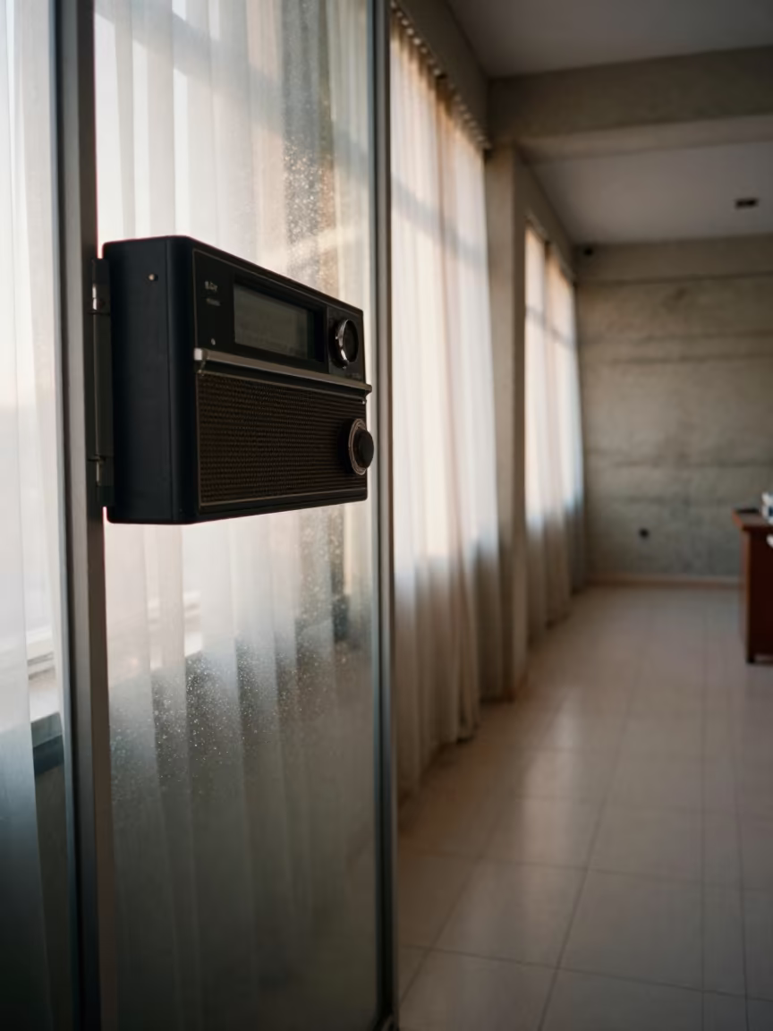 Radio Dock at Dawn with Dust in Light Shafts in inside a coworking floor near Aleppo
