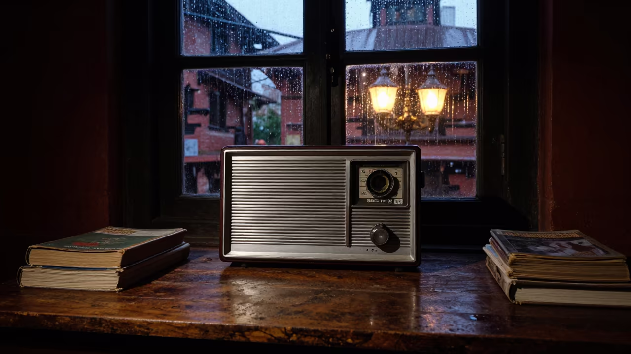 Radio on Dusty Library Table Patan Twilight in on a dusty library table in Patan