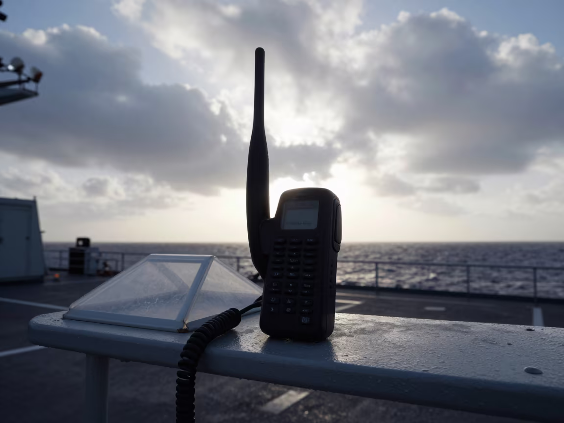 Radio Handset Silhouette on Egyptian Naval Deck at Dawn in on a naval deck in rough wind in Egypt