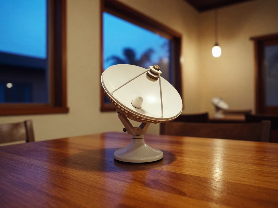 Radio Telescope Model on Cafe Table in on a cafe table by a window in Mbuji-Mayi