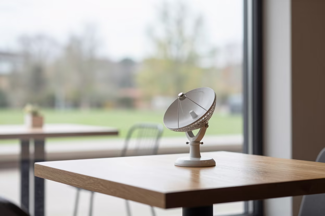 Radio Telescope Model on Cafe Table in on a cafe table by a window near Bernal