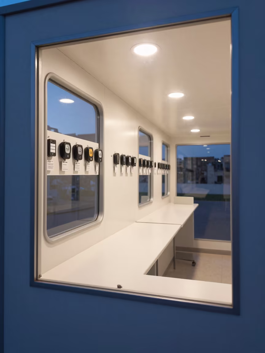 Radiology Booth Blue Hour with Dosimeter Badges in inside a radiology imaging room near Rishon LeZion