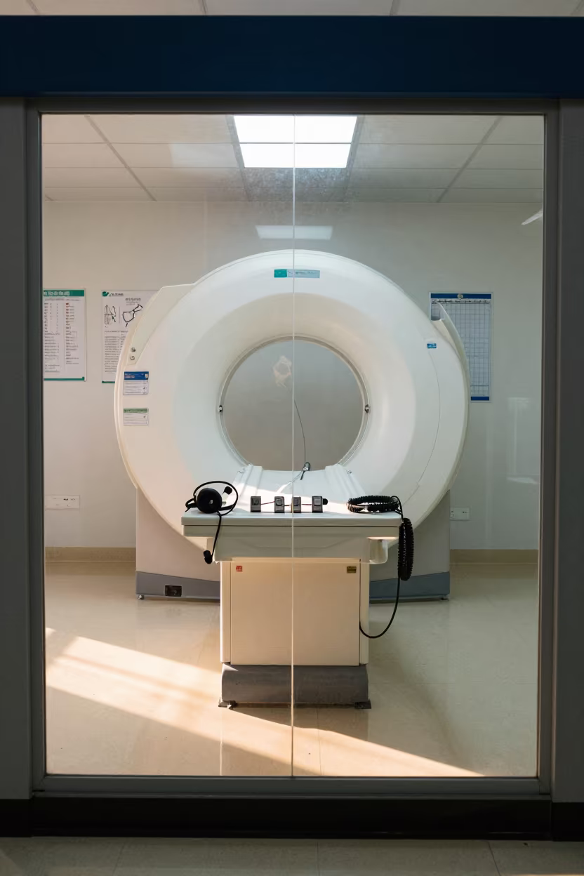 Radiology Control Booth Dawn Light Qingdao in inside an imaging control area behind glass in Qingdao