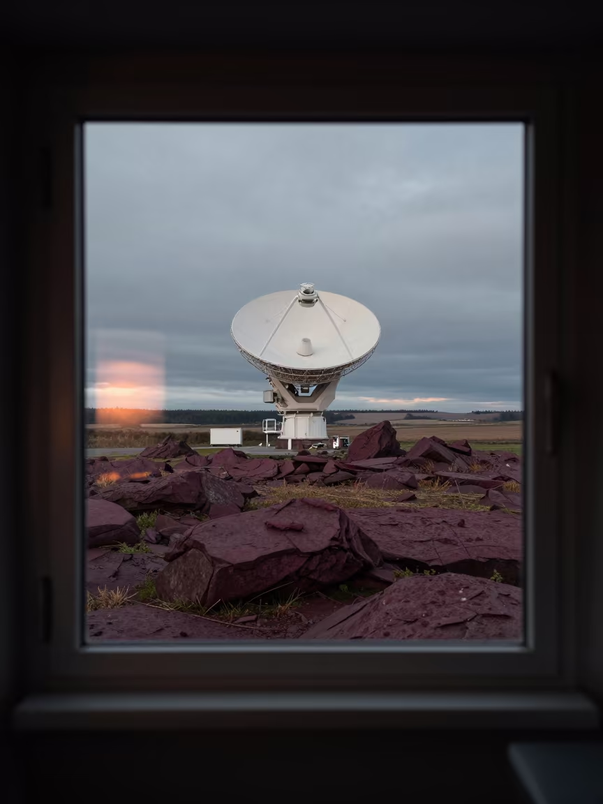 Radiotelescope Cabin Window Dawn Reflection Burgundy in along a rocky geology outcrop in Burgundy