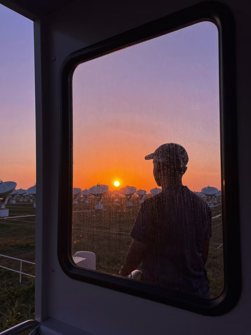Radiotelescope Cabin Window Sunrise Reflection in at a remote field station in Equatorial Guinea