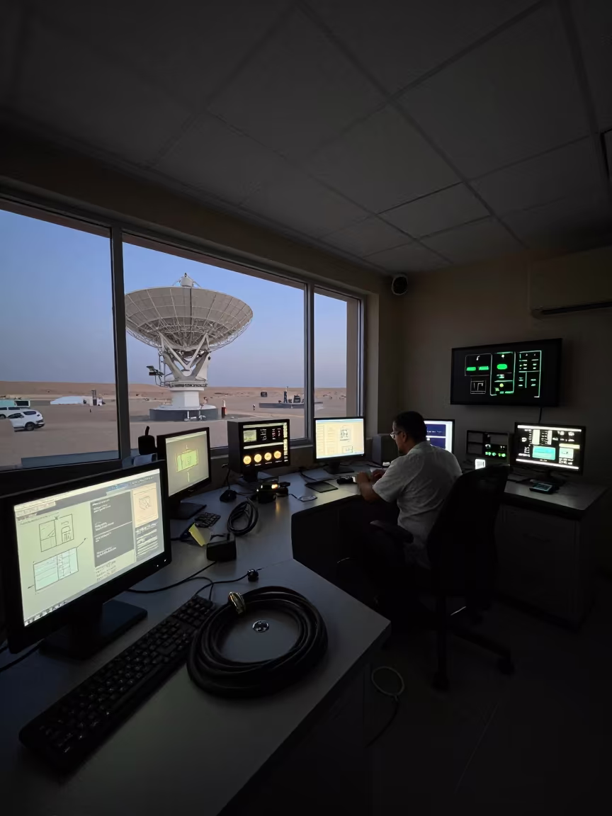 Radiotelescope Control Room Before Dawn in Riyadh in inside an observatory control room near Riyadh