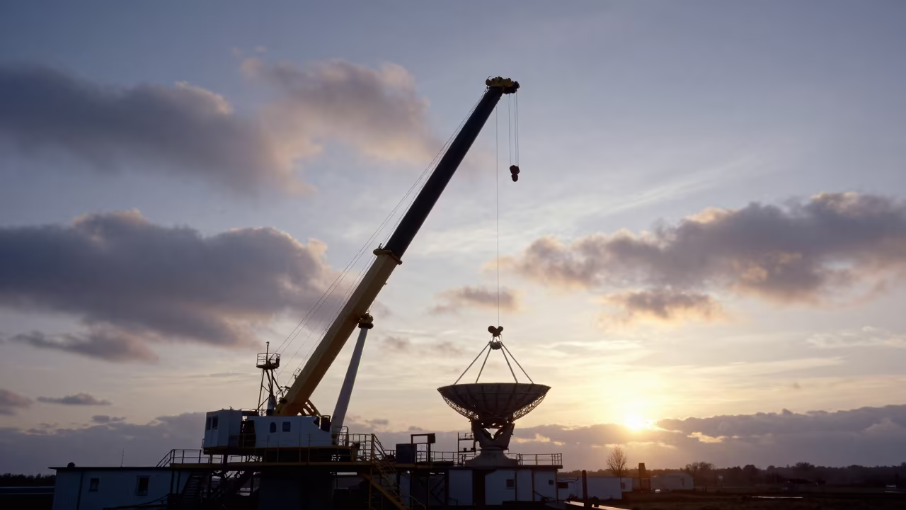 Radiotelescope Crane at Dawn on Brittany Platform in on a wind-scoured research platform in Brittany
