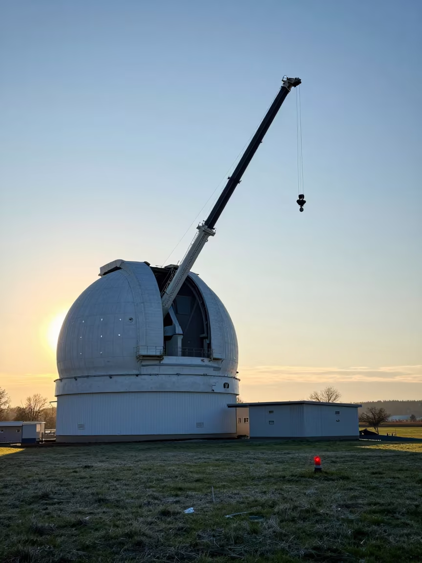 Radiotelescope Crane at Pearl Dawn Romania in beside an observatory dome in Romania
