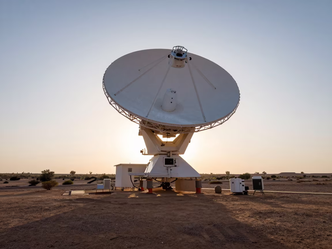 Radiotelescope Dish Rising at Dawn in Libyan Scrubland in near a weather balloon launch site in Libya