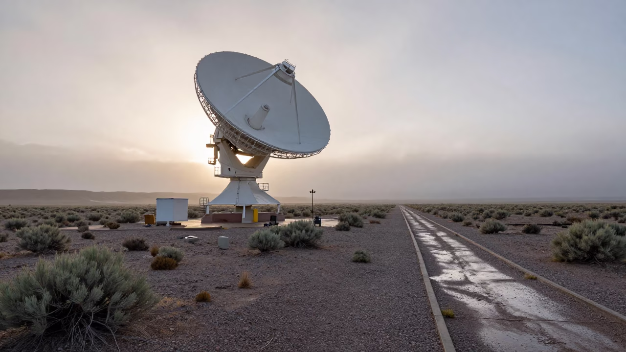 Radiotelescope Dish Rising At Dawn In Utah Scrubland in beside a tidal survey transect in Utah