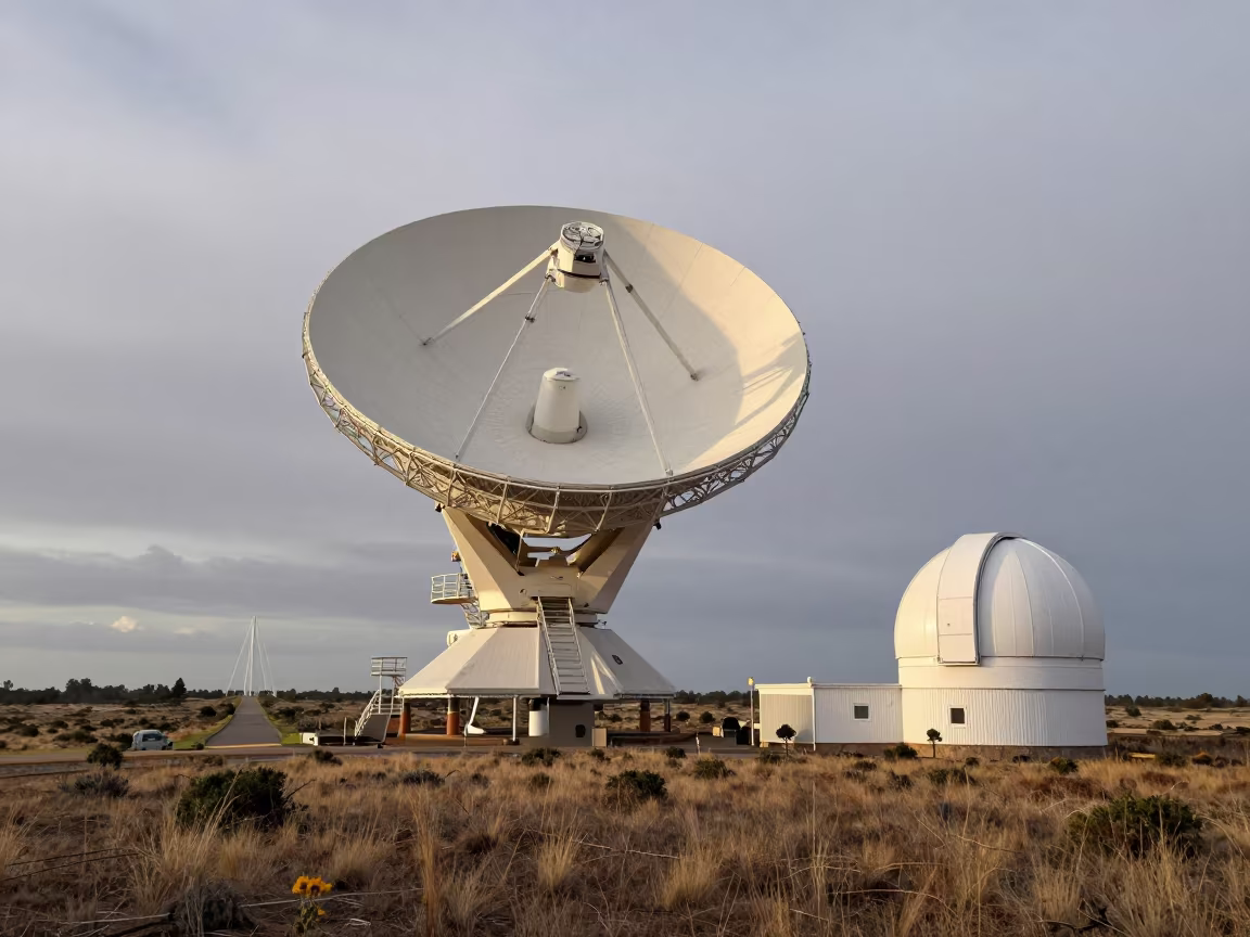 Radiotelescope Dish Rising in Dawn Light in beside an observatory dome in Constantine