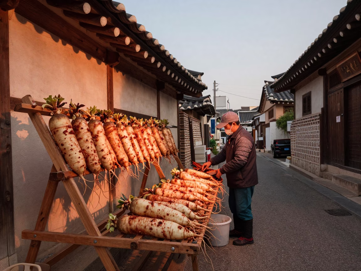 Radish Kimchi in Seoul at Copper-toned Light Before Dusk in in Seoul, South Korea