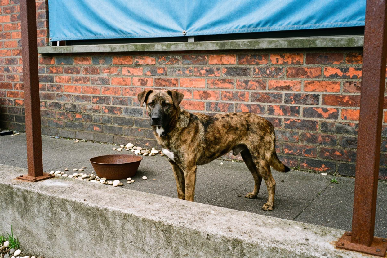 Rafeiro Do Alentejo In Hull Courtyard in beside a plain courtyard wall in clear daylight with the animal at eye level in Kingston upon Hull