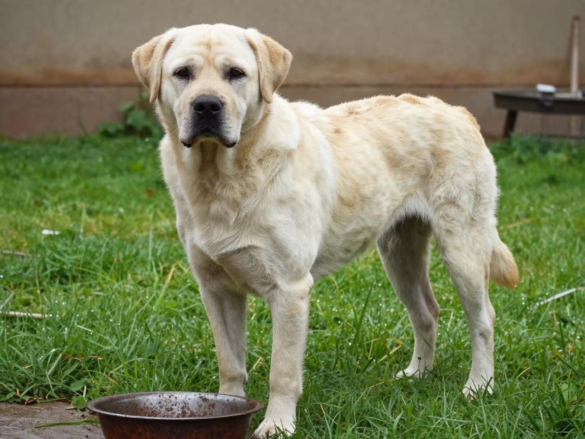 Rafeiro do Alentejo in Jalalabad Yard in in a small yard with clipped grass, calm light, and the animal centered in frame in Jalalabad