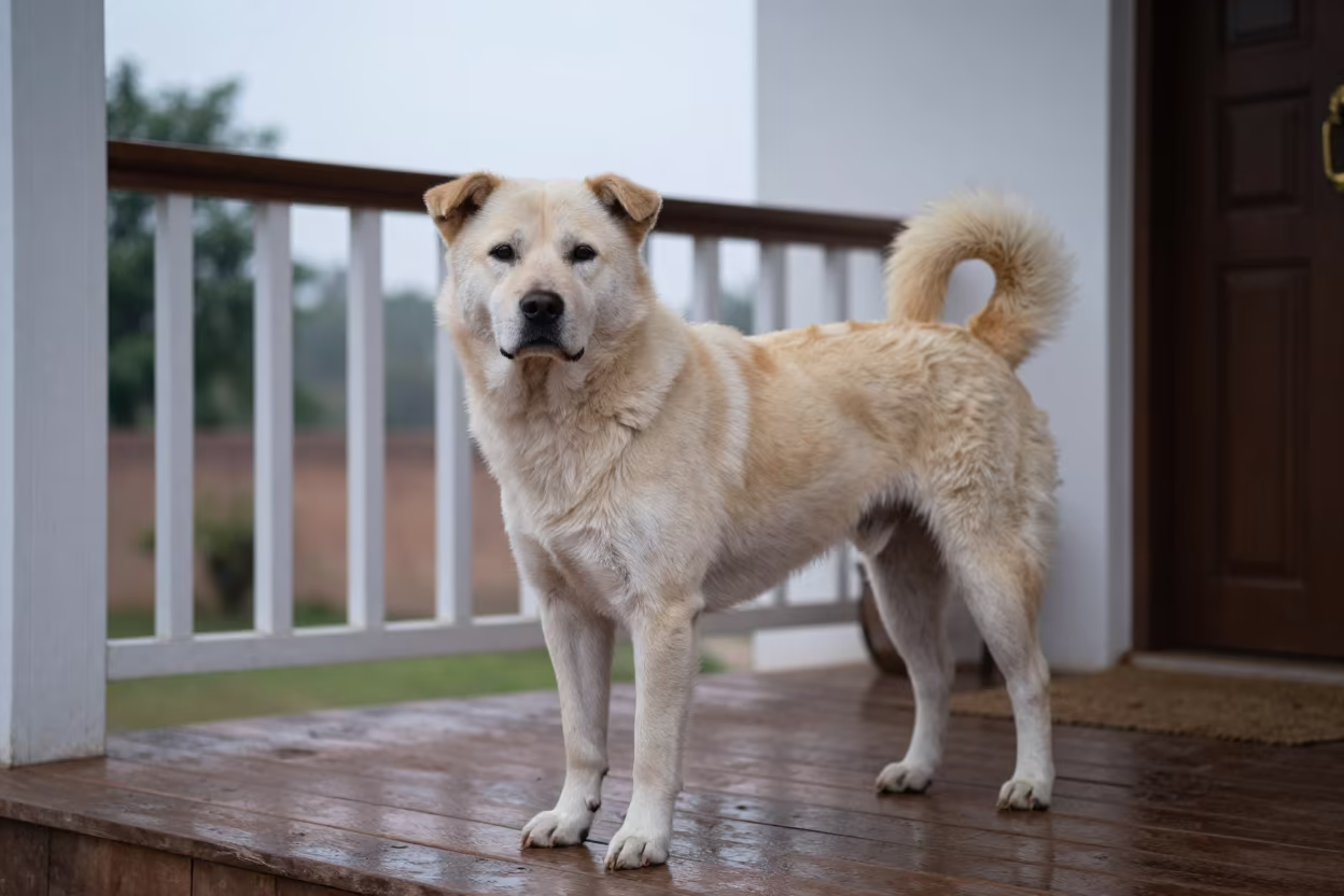 Rafeiro do Alentejo on Kanpur Porch First Light in on a shaded front porch with boards, railings, and eye-level framing in Kanpur