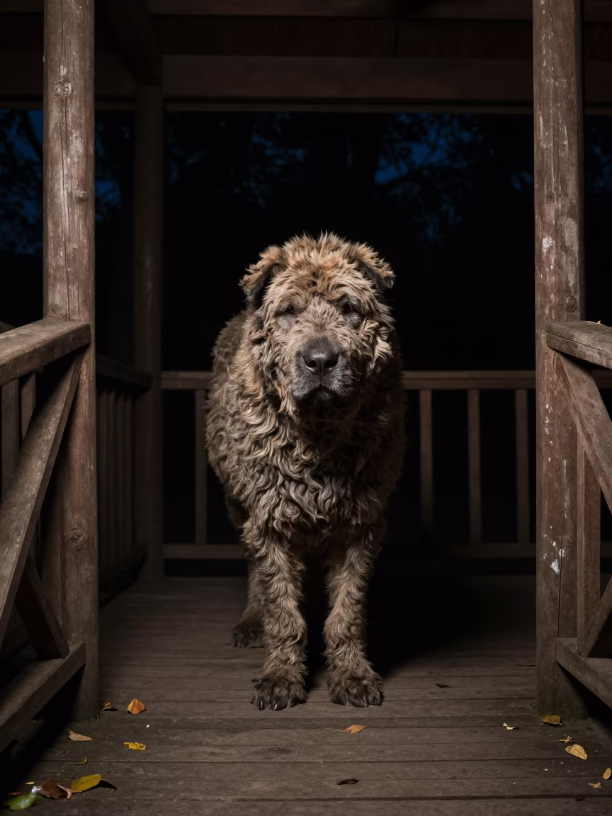 Rafeiro do Alentejo on Shaded Yaounde Porch at Night in on a shaded front porch with boards, railings, and eye-level framing in Yaounde