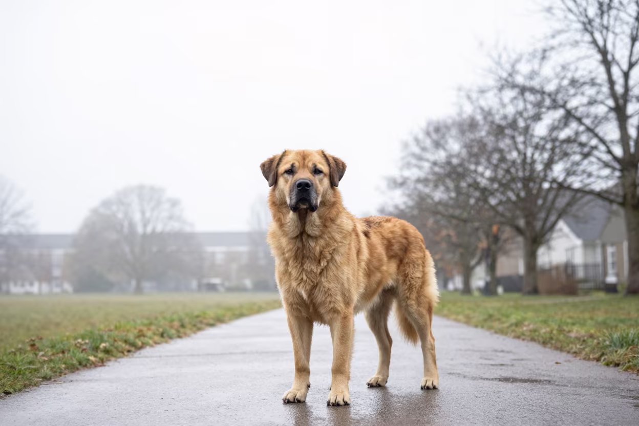 Rafeiro Do Alentejo Portrait In Early Winter Aberdeen in along a quiet park path with soft open shade and a clean background in Aberdeen