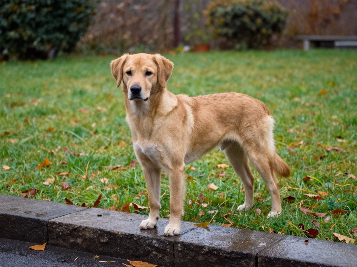 Rafeiro do Alentejo Portrait in Geneva Yard in in a small yard with clipped grass, calm light, and the animal centered in frame in Geneva
