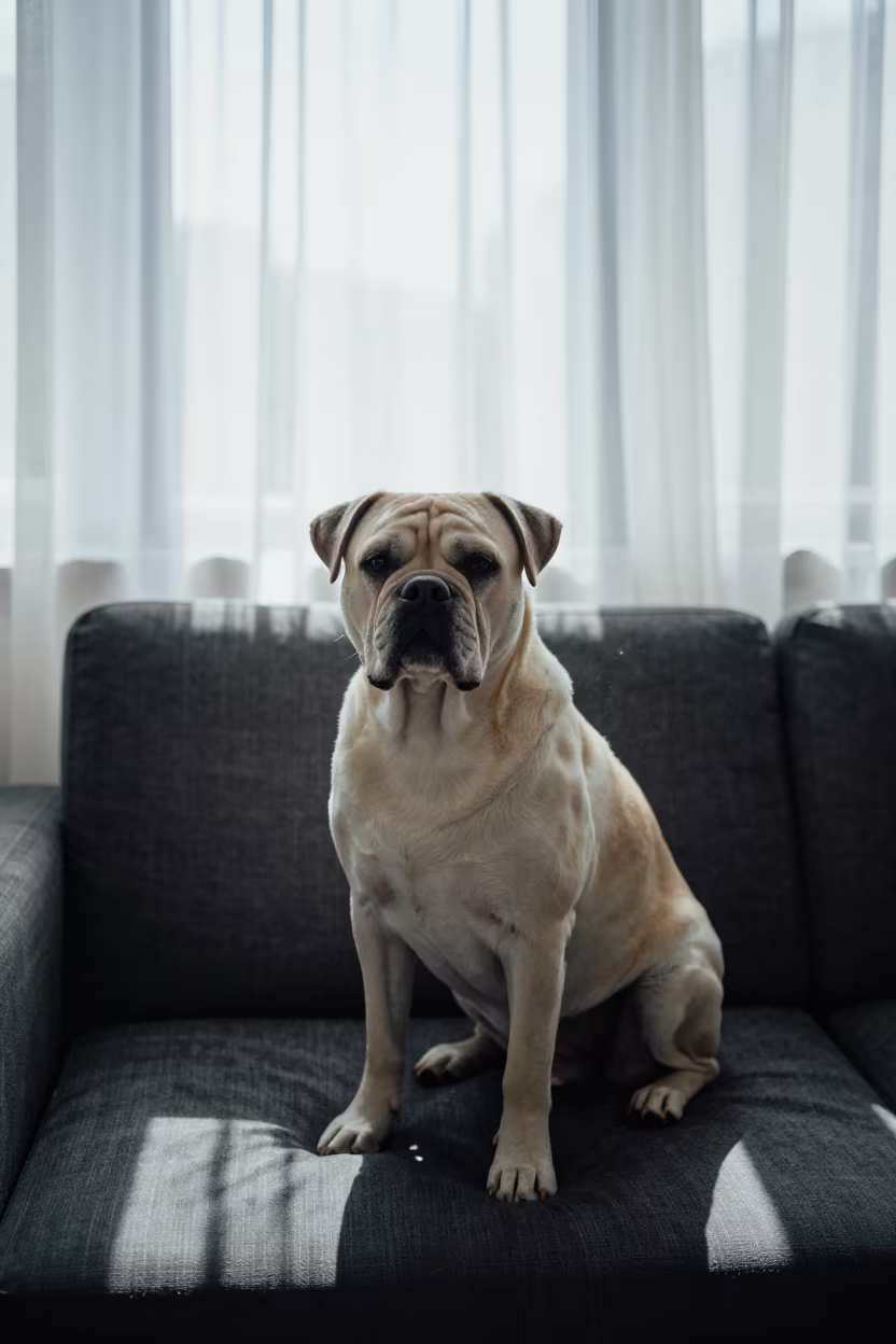 Rafeiro do Alentejo Portrait in Guangzhou Living Room in on a sofa near a curtained window with calm indoor light in Xiguan, Guangzhou