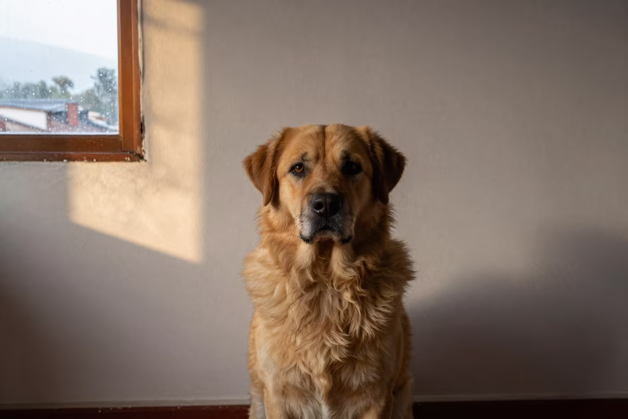 Rafeiro do Alentejo Portrait in Guatemala City in beside a plain plaster wall in soft indoor light with the animal centered in frame in Guatemala City