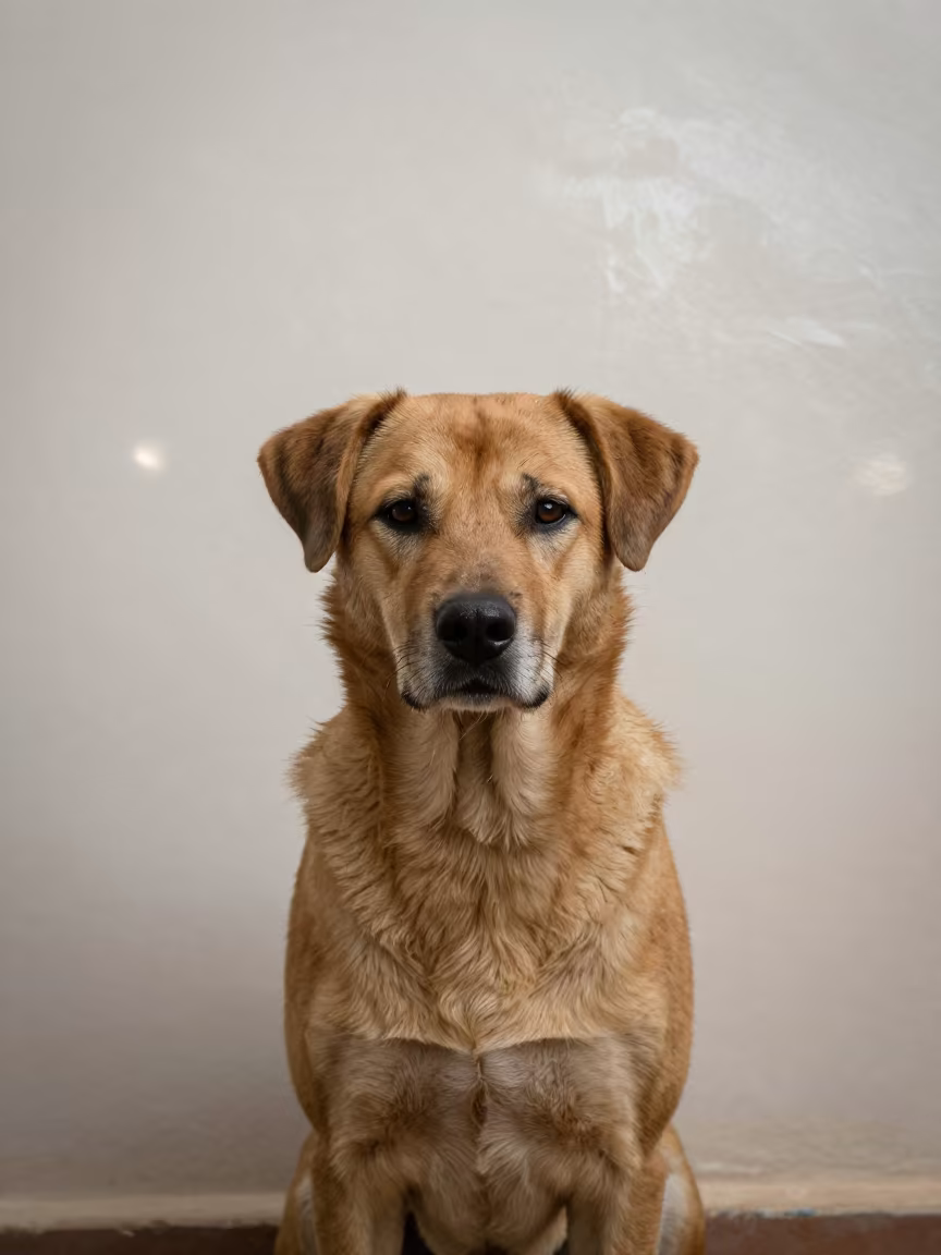 Rafeiro do Alentejo Portrait in Khulna Indoor Light in beside a plain plaster wall in soft indoor light with the animal centered in frame in Khulna