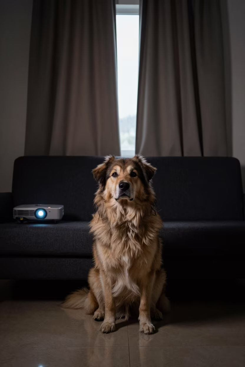 Rafeiro do Alentejo Portrait in Midnight Glow in on a sofa near a curtained window with calm indoor light in Minsk