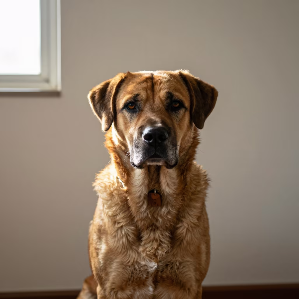 Rafeiro do Alentejo Portrait in Taipei Indoor Light in beside a plain plaster wall in soft indoor light with the animal centered in frame near Taipei