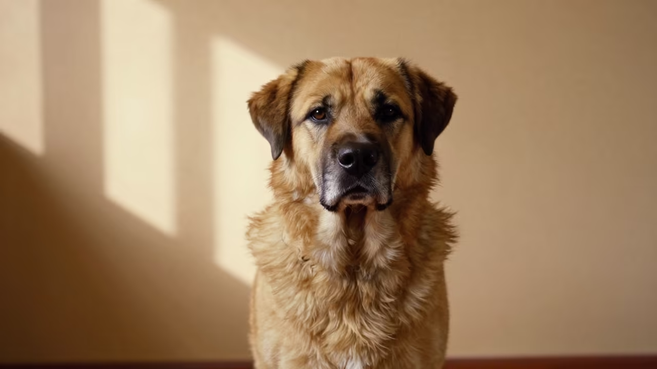 Rafeiro Do Alentejo Portrait In Warm Window Light in beside a plain plaster wall in soft indoor light with the animal centered in frame in Srivijayapuram