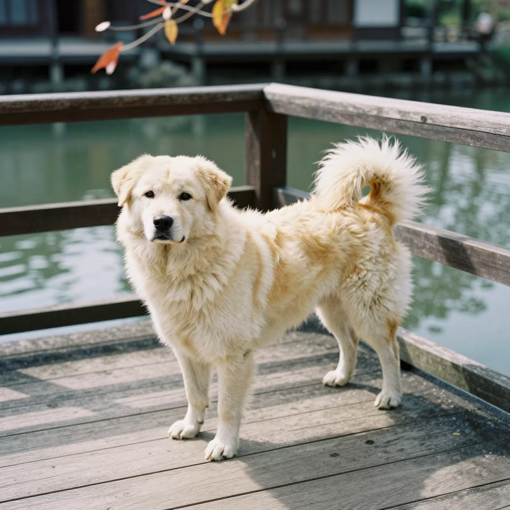 Rafeiro Do Alentejo Portrait On Kyoto Porch in on a shaded front porch with boards, railings, and eye-level framing in Pontocho, Kyoto