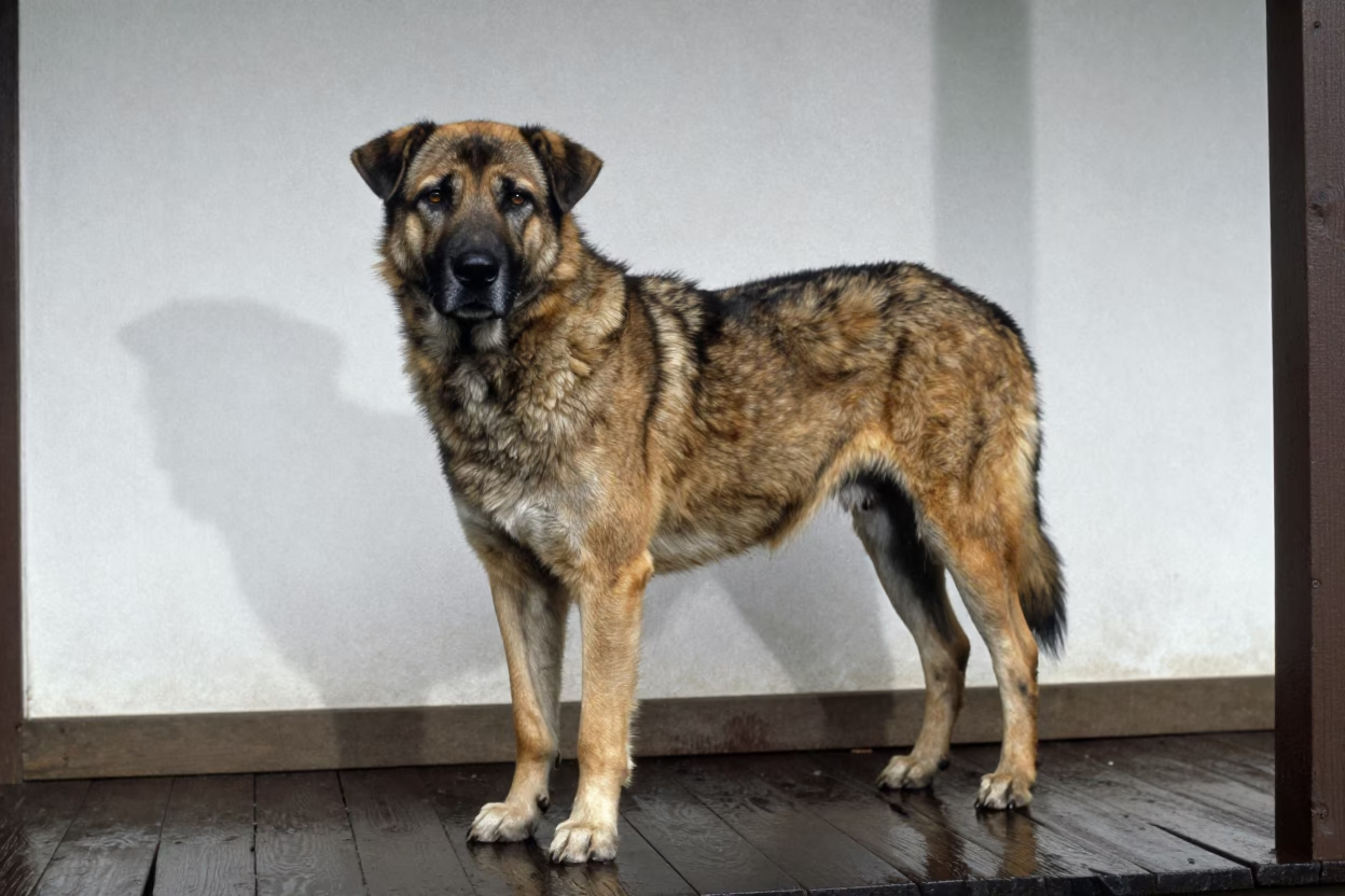 Rafeiro do Alentejo Portrait on Shaded Lae Porch in on a shaded front porch with boards, railings, and eye-level framing in Lae