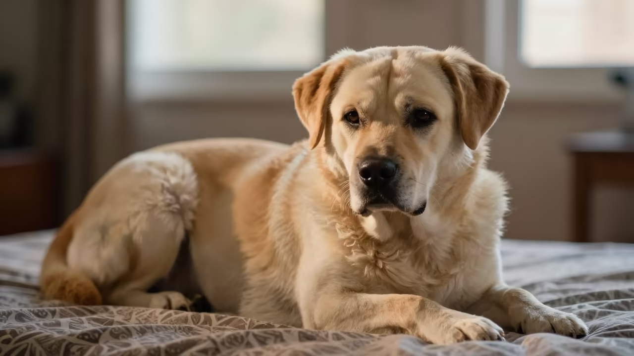 Rafeiro do Alentejo Resting on Bedspread Near Window in on a bedspread near a bright window with calm indoor light near Zanzibar
