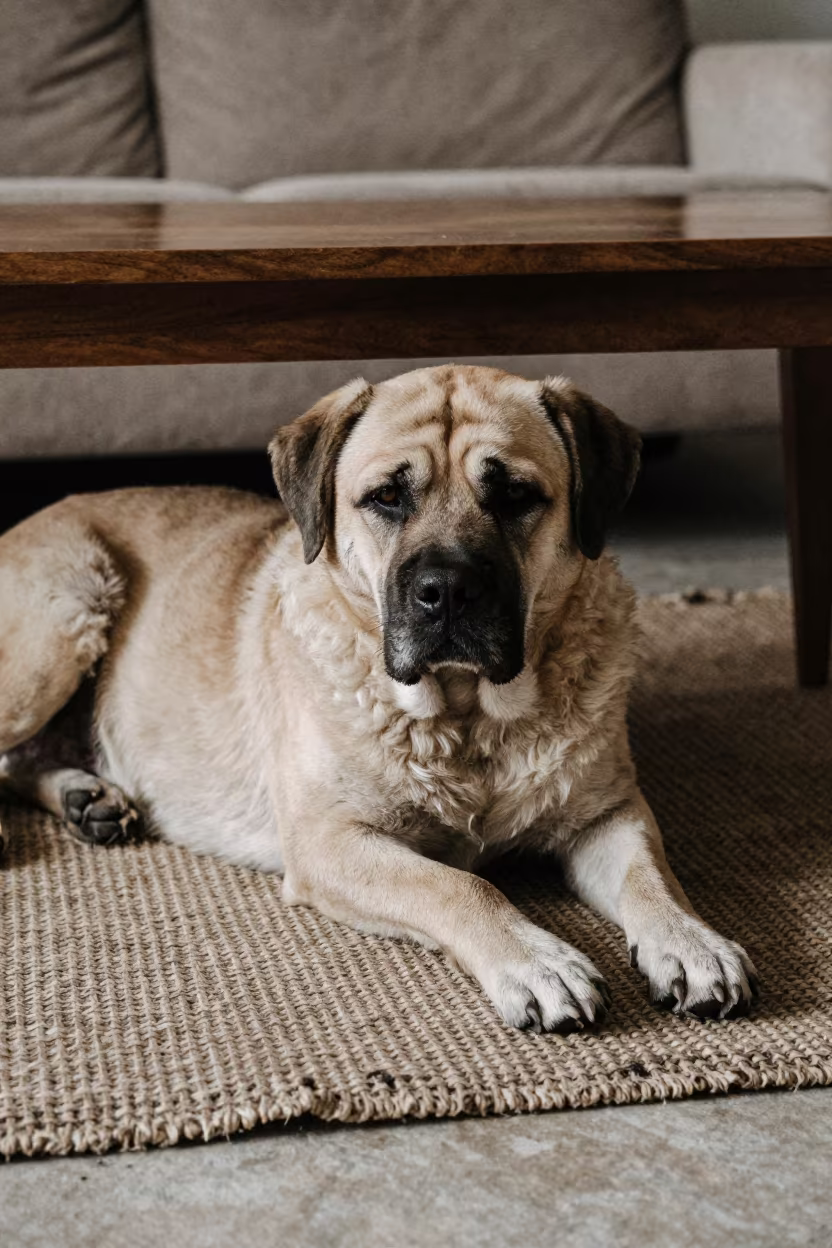 Rafeiro do Alentejo resting on woven rug in on a woven rug beside a low couch and an uncluttered wall in Sancti Spíritus