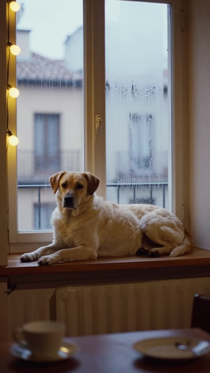Rafeiro Dog Resting on Madrid Window Seat in on a window seat in a quiet apartment with soft side light near Madrid