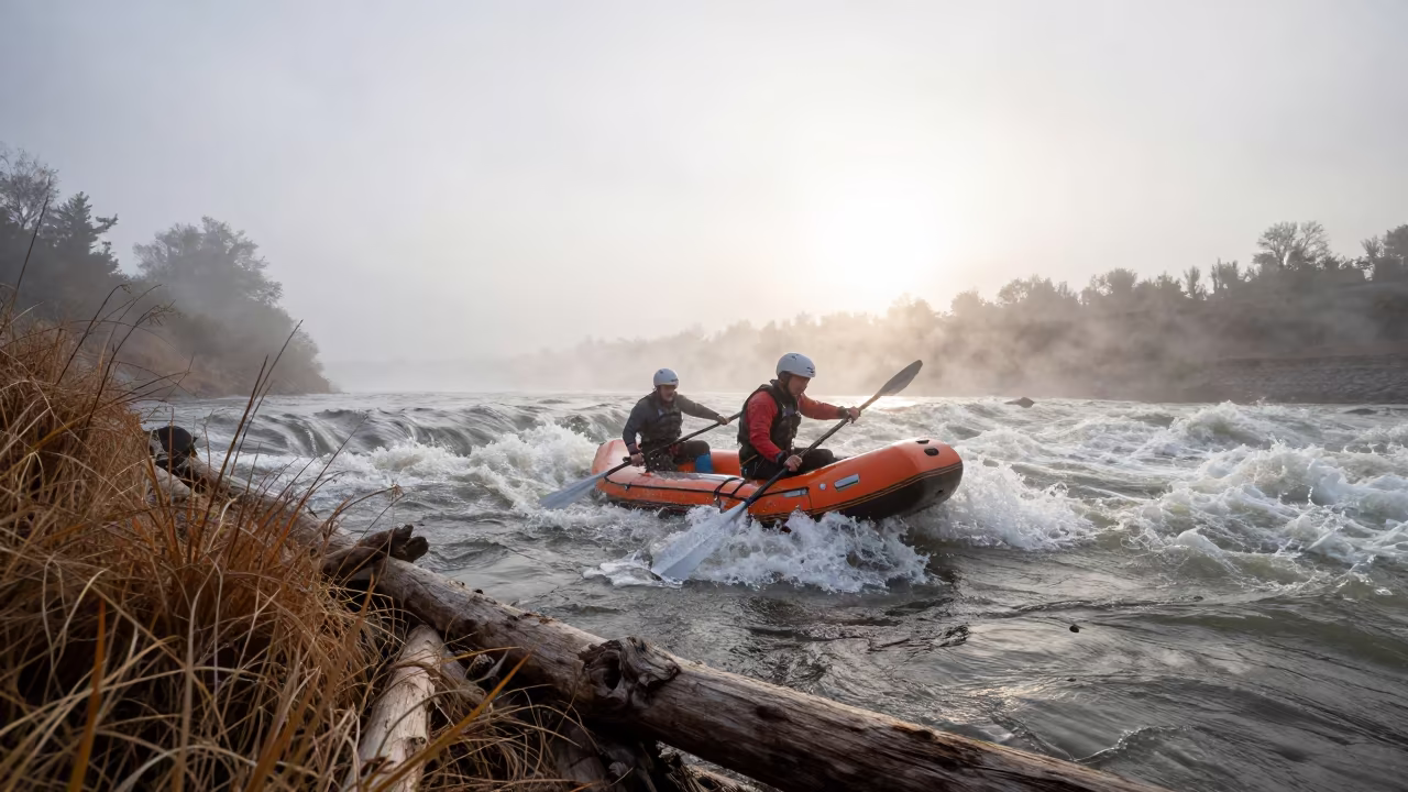 Rafter in Class V Rapid After Sunrise Mist in along a beach near Novosibirsk