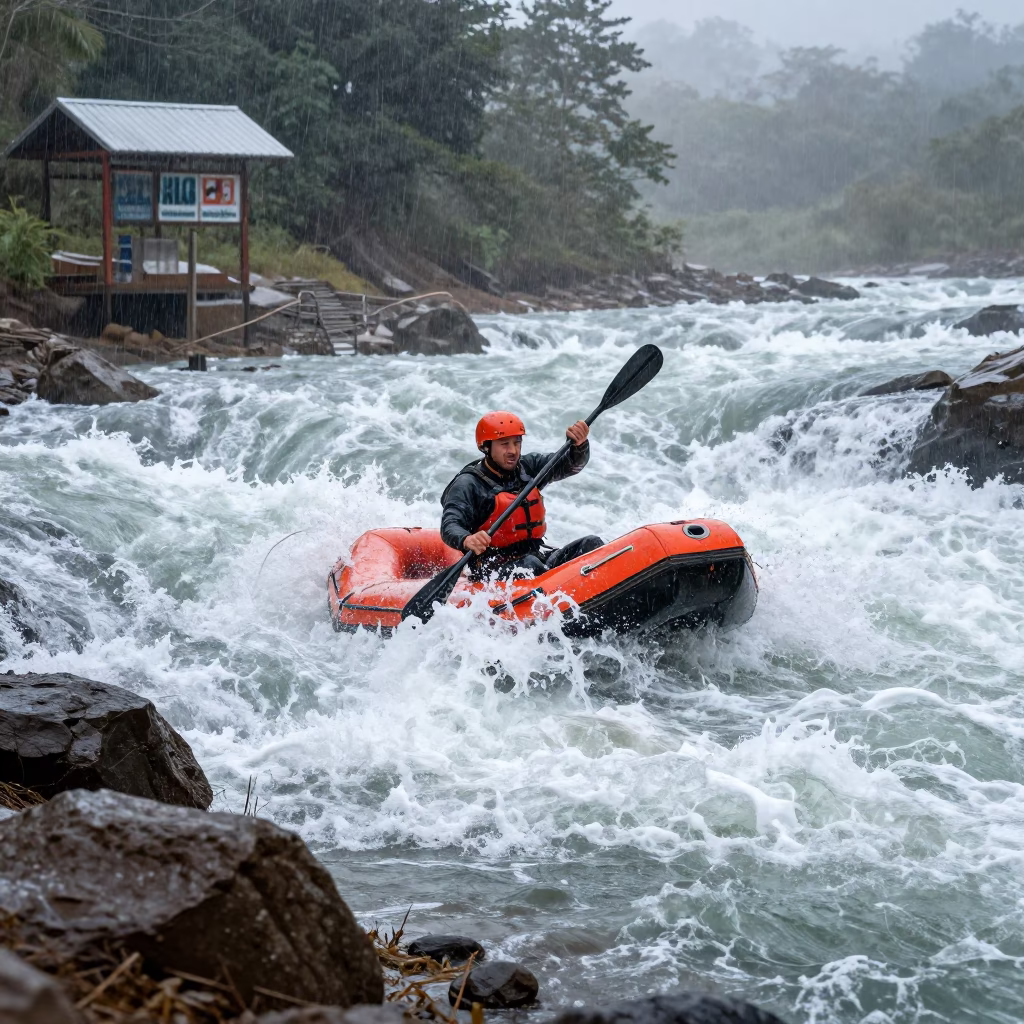 Rafter in Class V Rapid at Dawn Near Moundou in at a roadside stop near Moundou