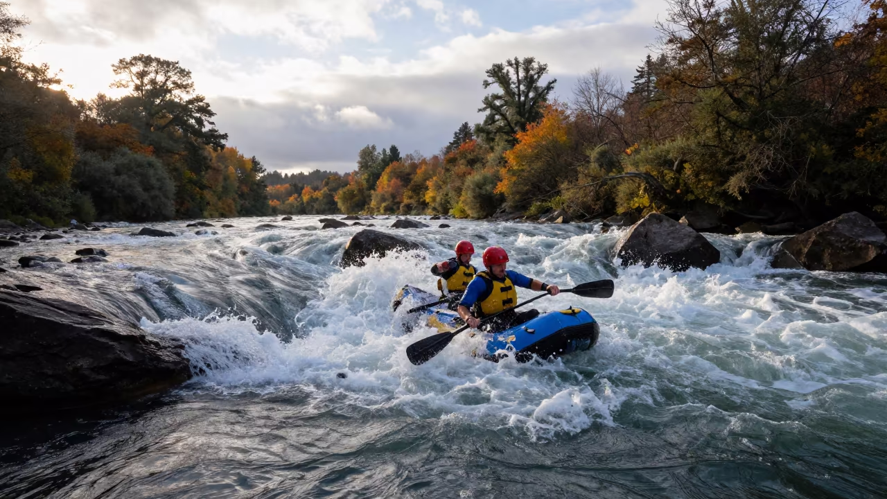 Rafter in Class V Rapids at Nuremberg Dawn in at a roadside stop near Nuremberg