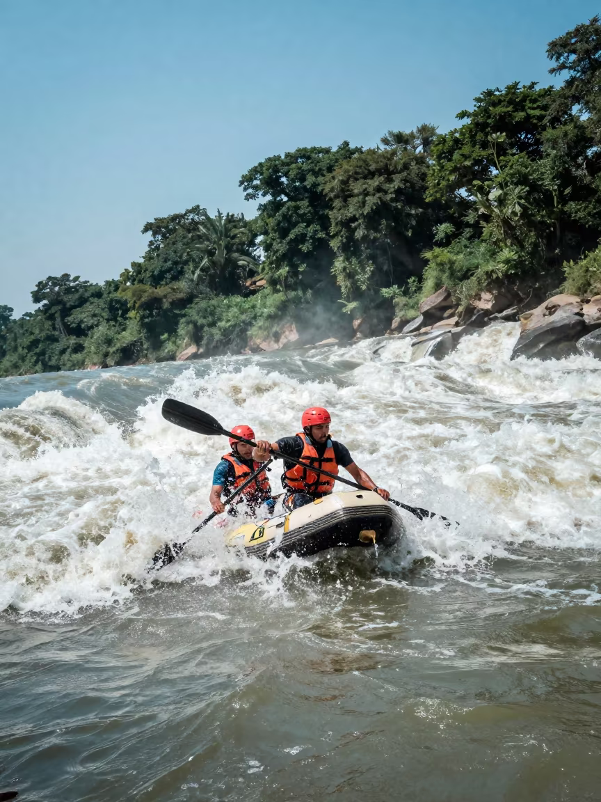 Rafter Navigating Class V Rapids Near Dhaka in by a riverbank near Dhaka