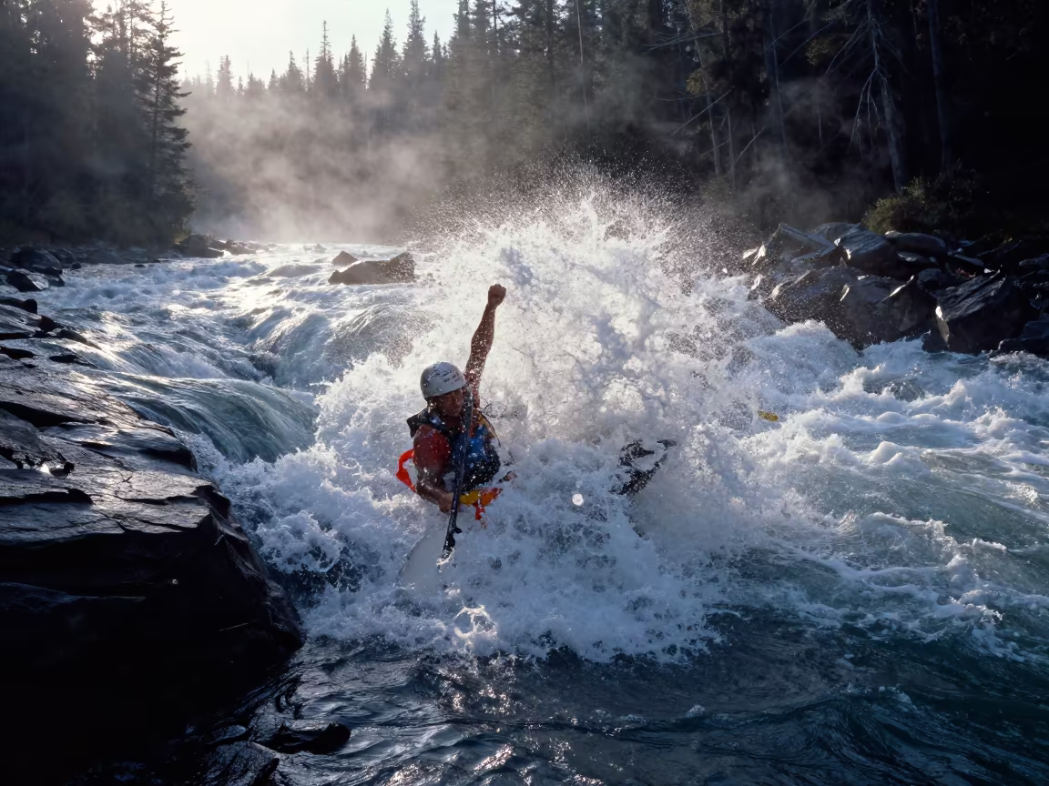 Rafter Punctures Standing Wave at Dawn Near Banff in by a riverbank near Banff