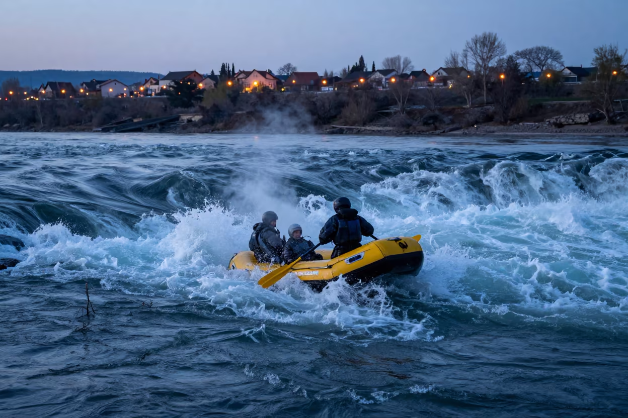 Rafter in Turquoise Rapids at Blue Hour in along a beach near Türkmenabat