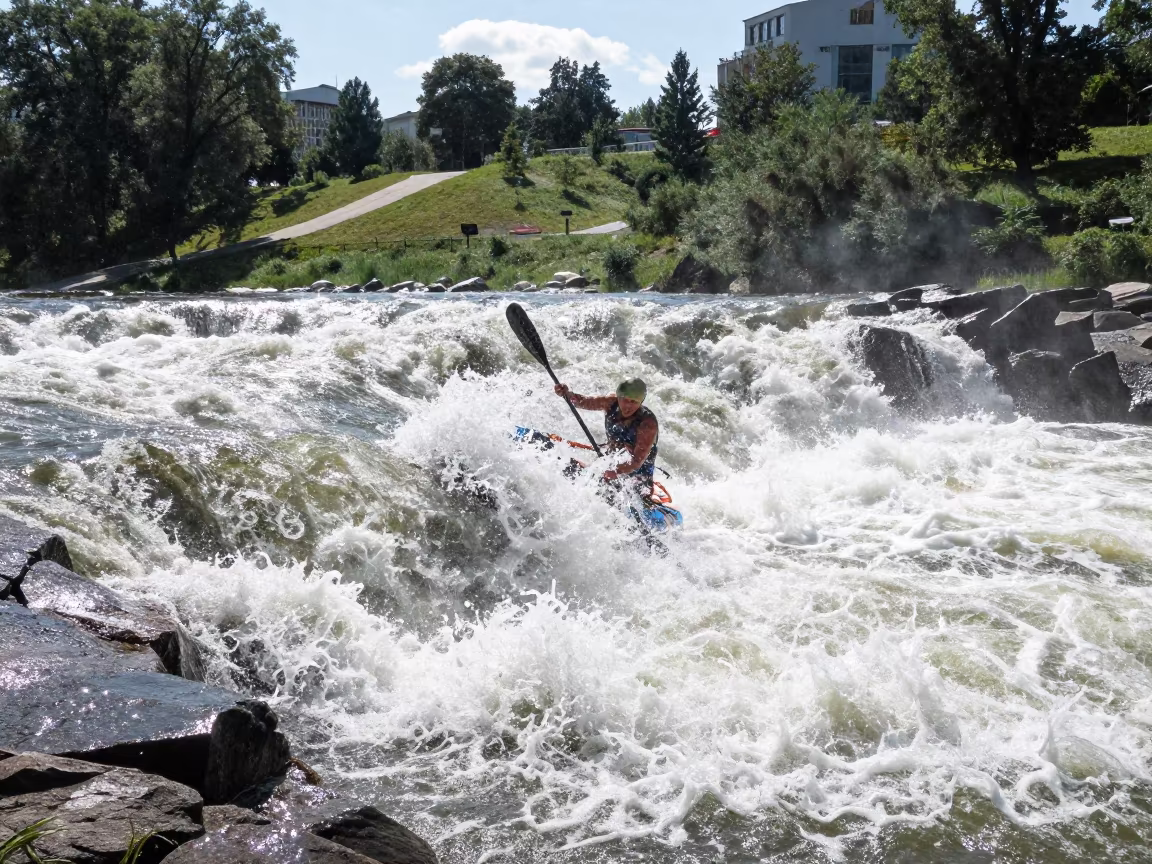 Rafter Hits Standing Wave Near Gorky Park in on a mountain path near Gorky Park, Moscow