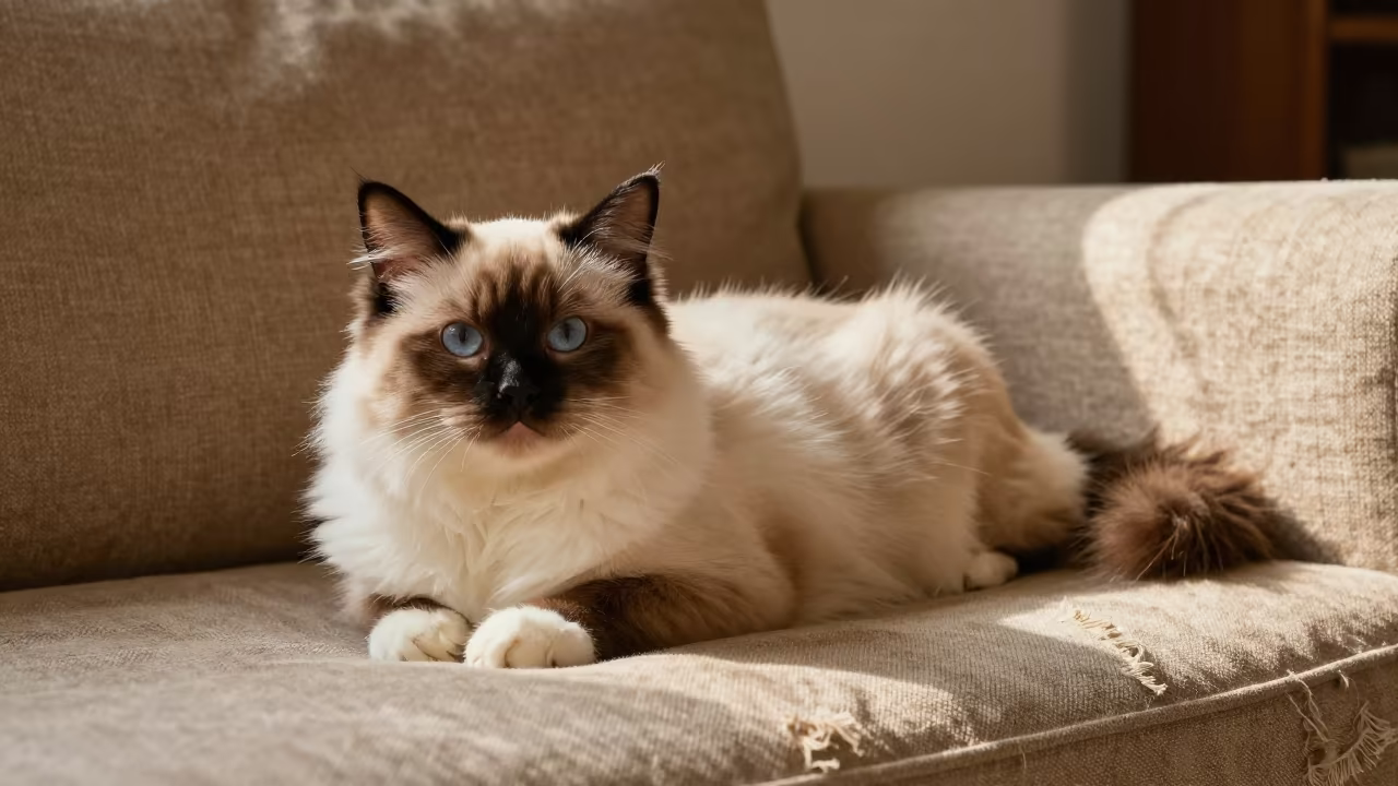 Ragdoll Cat in Honey Sunset Light on Linen Sofa in on a linen sofa with daylight from a nearby window near Sanaa
