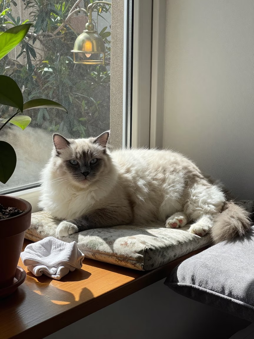 Ragdoll Cat Lounging on Window Seat in Amritsar in on a window seat in a quiet apartment with soft side light in Amritsar