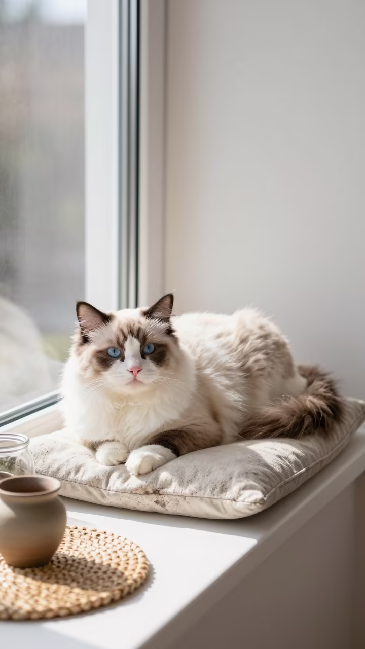 Ragdoll Cat Lounging on Window Seat in Tamale in on a window seat in a quiet apartment with soft side light in Tamale