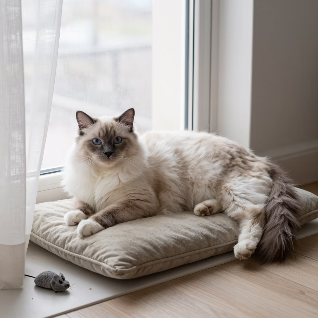 Ragdoll Cat Lounging on Window Seat in on a window seat in a quiet apartment with soft side light in Ulsan