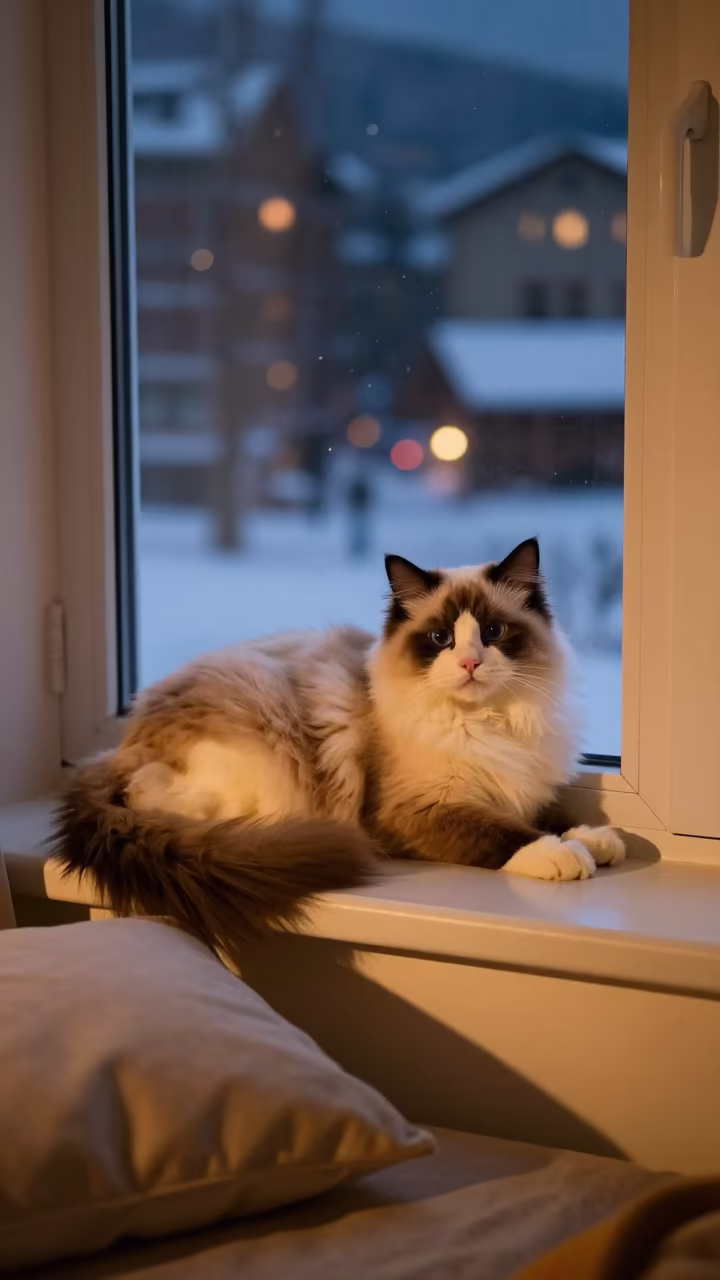 Ragdoll Cat Lounging on Winter Window Seat in on a window seat in a quiet apartment with soft side light in Varna