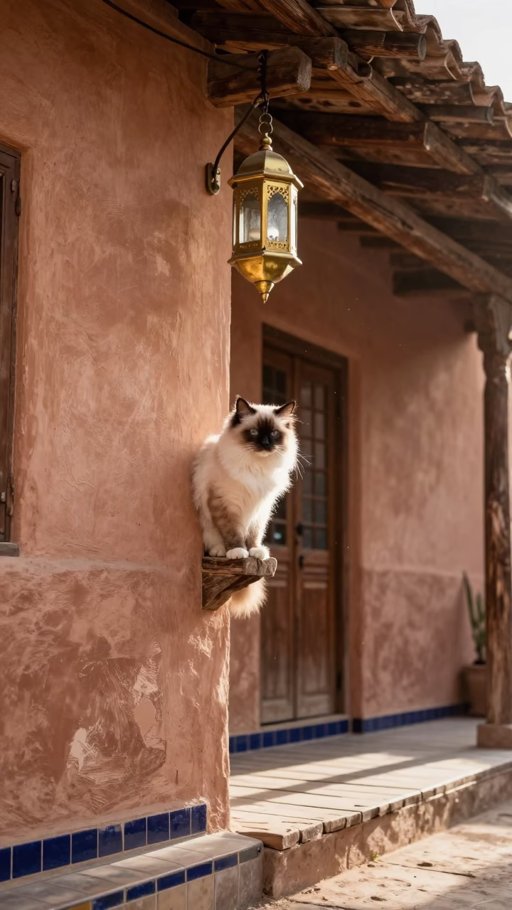 Ragdoll Cat on Marrakesh Courtyard Wall in on a shaded front porch with boards, railings, and eye-level framing in Marrakesh