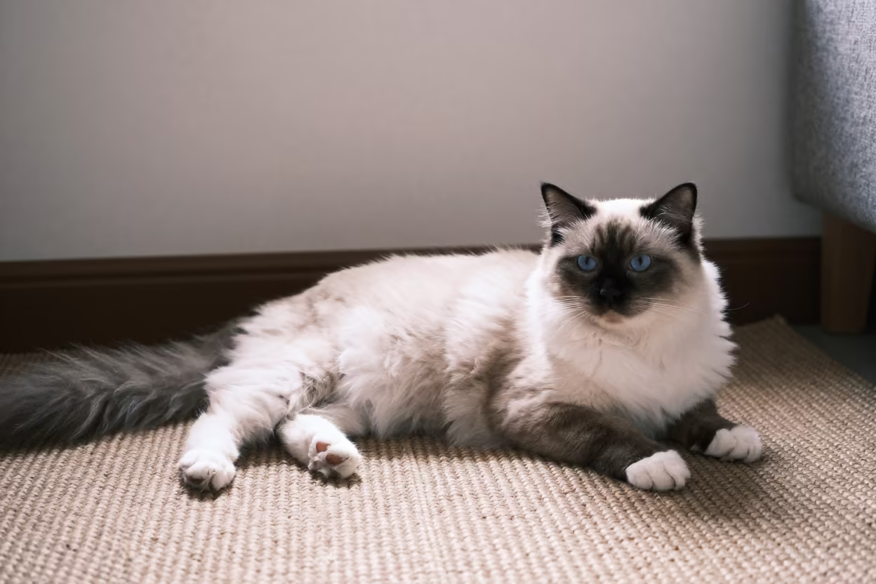 Ragdoll Cat on Woven Rug Indoors in on a woven rug beside a low couch and an uncluttered wall in Islamabad