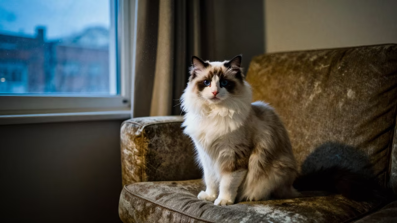 Ragdoll Cat Portrait Evening Window Light in on a sofa near a curtained window with calm indoor light in Salem