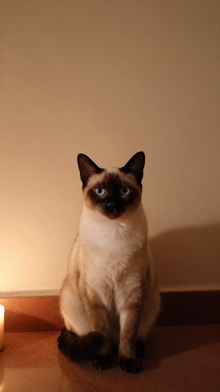 Ragdoll Cat Portrait in Ahmedabad Evening Light in beside a plain plaster wall in soft indoor light with the animal centered in frame near Ahmedabad